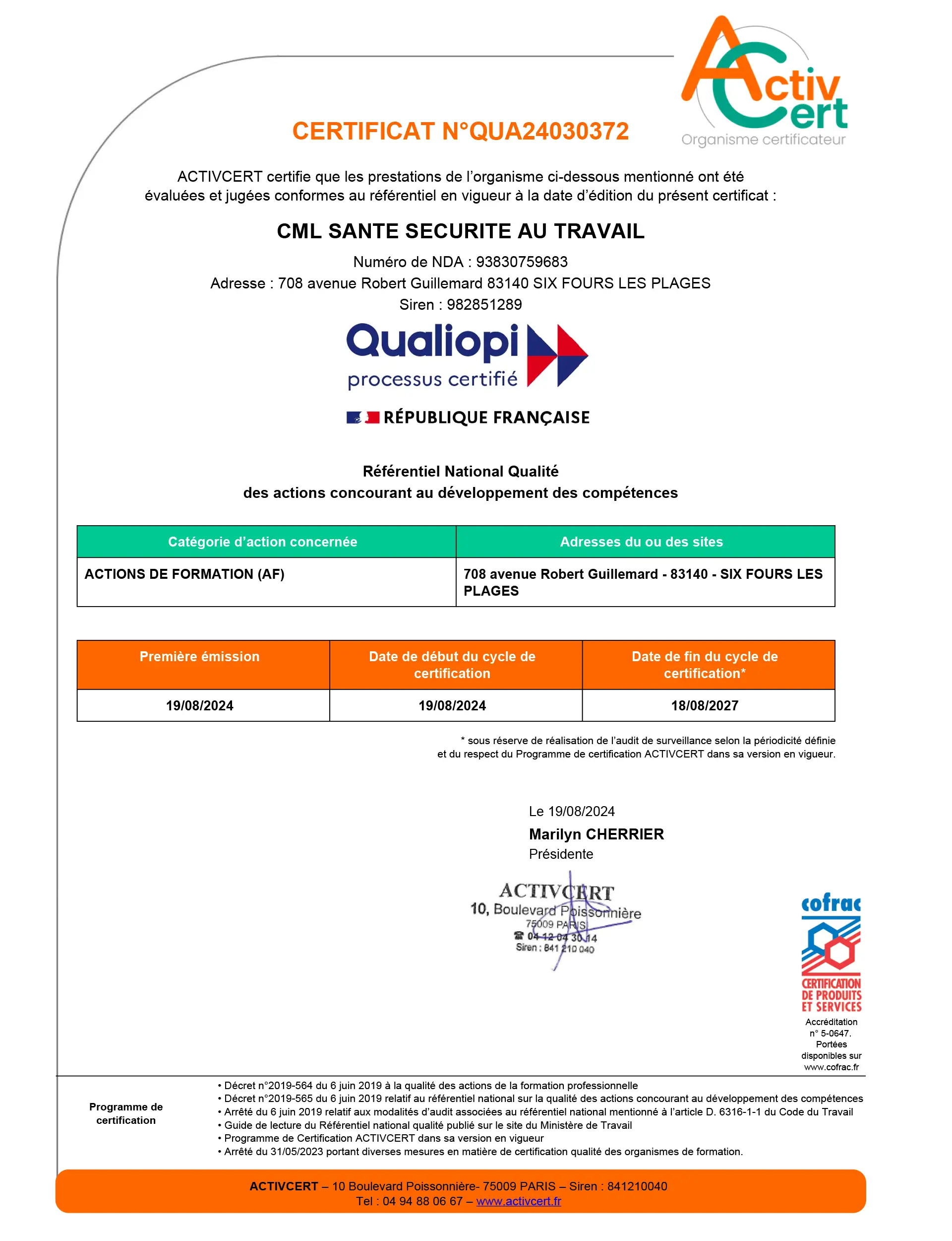 Certificat Qualiopi CML SST